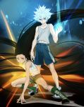  2boys absurdres bare_arms bare_shoulders black_hair blue_eyes blue_shorts boots brown_eyes child energy expressionless fighting_stance floating_hair full_body glowing glowing_hair gon_freecss green_footwear green_shorts highres huge_filesize hunter_x_hunter k.g_(matsumoto_zo) killua_zoldyck knee_boots long_hair male_focus messy_hair midriff_peek multiple_boys serious short_hair shorts silver_hair skinny spiked_hair spoilers spread_legs tank_top toned toned_male very_long_hair white_hair white_tank_top 