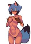  1girl animal_ears animal_nose artist_name bangs black_hair blue_eyes blue_hair brand_new_animal breasts caleana commentary completely_nude covering covering_breasts dark_skin english_commentary eyebrows_visible_through_hair hair_between_eyes highres kagemori_michiru large_breasts looking_at_viewer multicolored_hair nude parted_lips pussy raccoon_ears raccoon_girl raccoon_tail short_hair simple_background solo stomach tail two-tone_hair white_background 