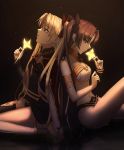 2girls armlet asymmetrical_sleeves back-to-back bangs black_background black_bow black_leotard black_panties black_sleeves blonde_hair bow bra breasts brown_hair cape choker cleavage closed_mouth earrings ereshkigal_(fate/grand_order) eyebrows_visible_through_hair fate/grand_order fate_(series) flower from_side hair_between_eyes hair_bow hair_intakes han_001 highres holding holding_flower ishtar_(fate)_(all) ishtar_(fate/grand_order) jewelry leotard long_hair long_sleeves looking_down looking_up medium_breasts multiple_girls panties parted_lips profile red_bow red_cape red_eyes shiny shiny_hair single_sleeve sitting strapless strapless_bra twintails underwear underwear_only very_long_hair white_bra yellow_flower 