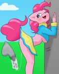  against_wall anthro bodily_fluids cheerleader cum cum_drip cum_inside dripping duo equid equine female friendship_is_magic from_behind_position genital_fluids hasbro hi_res kumakum male male/female mammal my_little_pony outside pinkie_pie_(mlp) sex smile solo 