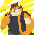  anthro barrel_(live-a-hero) canid canine canis clothing finger_gun fur gesture hi_res live-a-hero male mammal multicolored_body multicolored_fur muscular muscular_anthro muscular_male shirt solo tank_top topwear wings wolf 