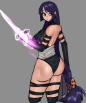  absurdres ass back black_leotard cosplay elbow_gloves energy_weapon fate/grand_order fate_(series) gloves highres leotard long_hair mano minamoto_no_raikou_(fate/grand_order) psylocke psylocke_(cosplay) purple_eyes purple_hair thigh_strap weapon x-men 