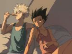  2boys bare_arms bare_shoulders black_hair blue_eyes blue_tank_top brown_eyes casual child food gon_freecss highres hunter_x_hunter k.g_(matsumoto_zo) killua_zoldyck leaning_to_the_side looking_to_the_side male_focus messy_hair multiple_boys pink_tank_top popsicle short_hair silver_hair skinny spiked_hair sunlight tank_top upper_body white_hair 