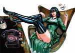  1girl absurdres bangs black_footwear black_hair boots breasts cameo chair coffee coffee_cup coffee_mug collared_dress crossed_ankles crossed_legs cup desk disposable_cup dress fingernails fubuki_(one-punch_man) full_body green_eyes high_heel_boots high_heels highres jewelry jigme large_breasts leather leather_boots legs_up licking_lips long_dress long_legs marker_(medium) mug murata_yuusuke_(style) necklace office_chair official_style one-punch_man phone pins red_dress saitama_(one-punch_man) short_hair sleeves_pushed_up solo stiletto_heels telekinesis thick_thighs thighs tongue tongue_out traditional_media white_background 