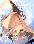  1girl :d aliza_(granblue_fantasy) arm_wrap armpits braid breasts cleavage draph fire forehead_protector from_below granblue_fantasy handstand highres horns large_breasts long_hair open_mouth pants pointy_ears red_eyes silver_hair single_braid sky smile solo sweat thigh_strap upside-down v-shaped_eyebrows venomrobo very_long_hair 