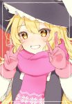  1girl artist_request black_vest blonde_hair blush double_v eyebrows_visible_through_hair frilled_hat frills gloves happy hat hidden_star_in_four_seasons highres kirisame_marisa long_hair long_sleeves pink_gloves pink_scarf red_background scarf shirt simple_background teeth touhou upper_body v vest white_shirt witch_hat yellow_eyes 