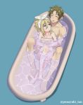  1boy 1girl :d barefoot bathtub blonde_hair blue_background blue_eyes blush brown_hair closed_eyes closed_mouth collarbone completely_nude couple danny_(satsuriku_no_tenshi) flat_chest from_above hetero hug hug_from_behind long_hair looking_back mixed_bathing neeeeyo nude open_mouth rachel_gardner satsuriku_no_tenshi shared_bathing short_hair simple_background smile tied_hair towel towel_on_head white_towel 