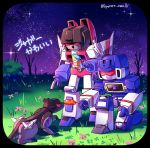  3boys arm_cannon artist_name border cat_teaser chibi decepticon holding holding_toy kneeling kyarara_renan laughing mecha multiple_boys night night_sky no_humans one_knee open_mouth ravage red_eyes shoulder_cannon sky soundwave star_(sky) starry_sky starscream toy transformers visor weapon 