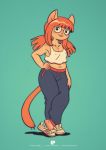  absurd_res anthro domestic_cat eyewear felid feline felis female fox-pop freckles glasses hi_res looking_at_viewer mammal midriff slightly_chubby solo sweatpants 