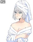  1girl an-94_(girls_frontline) artist_logo bathrobe blush breasts cleavage commentary english_commentary girls_frontline green_background grey_hair hair_between_eyes j_adsen jewelry large_breasts medium_hair off_shoulder parted_lips ring simple_background solo towel towel_on_head upper_body wedding_band white_background 