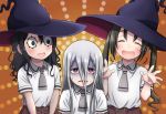  3girls asobi_asobase black_hair blush closed_eyes hair_between_eyes hat jougenmushi looking_at_viewer matou_aguri multiple_girls oka_ruu pale_skin red_eyes sanpaku school_uniform smile twintails u.a._school_uniform vampire wavy_hair wavy_mouth wide-eyed witch_hat 