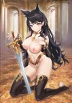  1girl alternate_costume animal_ears areola_slip areolae ass atago_(azur_lane) azur_lane bangs bare_shoulders black_hair black_legwear breasts chinese_commentary choker closed_mouth collarbone detached_sleeves female_pubic_hair full_body hand_on_own_chest holding holding_sword holding_weapon jewelry kneeling large_breasts long_hair mole mole_under_eye navel nipples pubic_hair revealing_clothes shaobao_(sdhx3728) sidelocks smile solo stirrup_legwear stomach swept_bangs sword thighhighs thighs toeless_legwear very_long_hair weapon wolf_ears yellow_eyes 