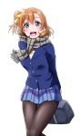  1girl :d arms_behind_back bag bangs black_legwear blue_eyes blue_jacket blue_skirt blush bow breasts brown_hair grey_scarf hair_between_eyes hair_bow highres holding holding_bag jacket kousaka_honoka long_sleeves looking_at_viewer love_live! love_live!_school_idol_project medium_breasts open_mouth pantyhose plaid plaid_scarf pleated_skirt scarf school_bag side_ponytail simple_background skirt smile solo upper_teeth white_background yellow_bow yopparai_oni 