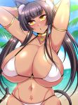  animal_ear_fluff animal_ears ankh armlet armpits bangle bangs bastet beach bikini blunt_bangs blush bracelet breasts brown_hair cat_ears cat_tail dark_skin egyptian_mythology huge_breasts jewelry long_hair micro_bikini navel nishida_megane o-ring o-ring_bikini ocean original palm_tree pubic_tattoo single_earring slit_pupils swimsuit tail tattoo tree tsurime very_long_hair white_bikini yellow_eyes 