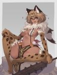  1girl :d animal_ear_fluff animal_ears bangs breasts brown_eyes claws commentary dark_skin fang full_body fur fur_collar grey_background hair_between_eyes hand_on_own_knee heart highres large_breasts light_brown_hair looking_at_viewer macuahuitl monster_girl monster_girl_encyclopedia navel ocelomeh_(monster_girl_encyclopedia) ocelot_ears ocelot_tail open_mouth paws pelvic_curtain simple_background sitting smile solo spread_legs tail weapon yonaga 