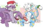  anthro balls christmas condom duo eyebrows felid genitals gio gobbldy hi_res holidays holly_(plant) humanoid male male/male mammal mephitid mistletoe pantherine penis plant presenting sexual_barrier_device shy skunk tiger zack_(pundercracker) 