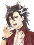  1boy alternate_costume animal_ears bangs bishounen black_hair chest_tattoo claw_pose fangs fate/grand_order fate_(series) fingernails grey_eyes hair_between_eyes hair_strand halloween halloween_costume highres male_focus mandricardo_(fate/grand_order) medium_hair multicolored_hair okuno_naru_(exoprsa) open_clothes open_mouth open_shirt portrait sharp_fingernails simple_background solo streaked_hair swept_bangs tattoo upper_body werewolf white_hair wolf_ears 