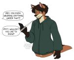  2020 5_fingers anthro black_hair canid canine clothed clothing digital_media_(artwork) duster_(character) fingers fox green_clothing green_hoodie green_topwear hair hoodie kittydee male mammal simple_background topwear white_background 