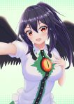 1girl :d absurdres alternate_hairstyle bird_wings black_hair black_wings blush breasts commentary_request green_background head_tilt highres large_breasts long_hair looking_at_viewer o1118 open_mouth outstretched_arm ponytail red_eyes reiuji_utsuho self_shot shirt short_sleeves smile solo third_eye touhou upper_body white_shirt wings 