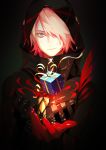  1boy black_coat box coat colored_skin energy eyeshadow fate/grand_order fate_(series) gift gift_box gloves green_eyes hair_over_one_eye highres hood hood_up incoming_gift karna_(santa)_(fate) light_smile makeup male_focus pink_hair pisu red_gloves short_hair solo tsurime upper_body white_skin 