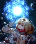  1girl absurdres astronaut blonde_hair bloop_(gawr_gura) blue_eyes bubba_(watson_amelia) copyright_name death-sensei_(mori_calliope) floating food highres hololive hololive_english holomyth jetleck logo looking_at_viewer marshmallow medium_hair outer_wilds red_scarf scarf science_fiction smile solo space spacesuit sun tako_(ninomae_ina&#039;nis) v virtual_youtuber watson_amelia 