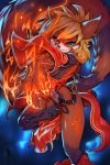  2:3 ailurid anthro blonde_hair breasts clothed clothing female fire green_eyes hair magic mammal red_panda ringtail smile smirk solo thefuckingdevil 