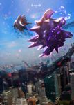  battle blurry building city commentary_request copyright_name day gen_1_pokemon gengar glowing nidorino no_humans otsumami_(bu-bu-heaven) outdoors poke_ball_symbol pokemon pokemon_(creature) red_eyes sky smile teeth 