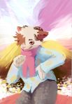  2020 anthro bovid brown_body brown_fur caprine clothed clothing colored colorful colorful_background digital_media_(artwork) fur hi_res horn humanoid_hands jojo&#039;s_bizarre_adventure lake male mammal meme moowool nature outside pajamas pompsadoodle portrait pose red_eyes scarf sheep smile solo solo_focus thick_thighs white_body white_fur wide_hips wool_(fur) 