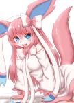  2020 accessory anthro anthrofied black_nose blue_eyes blush bow_tie breasts clothed clothing cute_fangs eeveelution female fingers fur glistening glistening_hair hair hair_accessory hair_bow hair_ribbon hi_res horokusa0519 kemono long_hair long_sleeves looking_at_viewer nintendo open_mouth open_smile pink_body pink_ears pink_fur pink_hair pink_tail pok&eacute;mon pok&eacute;mon_(species) pok&eacute;morph ribbons simple_background smile solo sylveon tongue topwear video_games white_background white_body white_fur 