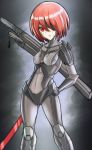  1girl breasts comystro contrapposto cyborg english_commentary eyepatch hand_on_hip highres looking_at_viewer metal_gear_(series) metal_gear_rising:_revengeance original red_eyes red_hair sheath short_hair simple_background small_breasts solo standing sword weapon 