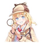  1girl bangs blonde_hair blue_eyes blush breasts brown_jacket cchhii3 collared_shirt commentary deerstalker detective grin hair_ornament hat holding holding_magnifying_glass hololive hololive_english jacket letterboxed long_sleeves looking_at_viewer magnifying_glass medium_hair monocle_hair_ornament necktie red_neckwear shirt short_necktie simple_background smile solo upper_body virtual_youtuber watson_amelia white_background white_shirt 