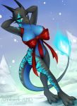  abluedeer anthro belly black_body blue_belly bow_only breasts christmas dragon female fire hi_res holidays horn snow solo winter 