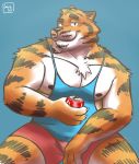  anthro beverage beverage_can boxers_(clothing) cemagcre clothing facial_hair felid hi_res male mammal pantherine shirt soda solo tank_top tiger topwear underwear 