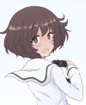  1girl akiyama_yukari bangs binoculars blouse blue_background brown_eyes brown_hair commentary eyebrows_visible_through_hair girls_und_panzer hazuki_haru highres holding holding_binoculars light_blush long_sleeves looking_at_viewer looking_back messy_hair ooarai_school_uniform open_mouth sailor_collar school_uniform short_hair smile solo white_blouse white_sailor_collar wind 