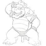  anthro black_and_white bowser briefs claws clothing cuffs_(disambiguation) furniture hand_behind_head horn male mario_bros monochrome nintendo open_mouth simple_background sitting sketch solo spikes stool teeth_showing thegreatmatsutzu tongue_showing underwear video_games white_background 