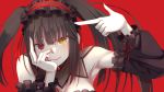  1girl bangs black_hair clock_eyes date_a_live date_a_live:_date_a_bullet detached_sleeves finger_gun hairband headband heterochromia highres kasutera_(toho_16sakuya) lolita_fashion lolita_hairband looking_at_viewer red_background red_eyes red_ribbon ribbon simple_background solo symbol-shaped_pupils tokisaki_kurumi twintails uneven_twintails yellow_eyes 