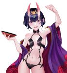 1girl absurdres bob_cut breasts collarbone cup eyeliner fangs fate/grand_order fate_(series) headpiece highres holding holding_cup horns japanese_clothes kimono makeup navel oni oni_horns open_clothes open_kimono open_mouth purple_eyes purple_hair purple_kimono revealing_clothes sakazuki short_eyebrows short_hair shuten_douji_(fate/grand_order) skin-covered_horns small_breasts solo tuta1910 