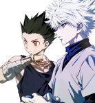  2boys absurdres bandages bare_shoulders black_hair black_tank_top blue_eyes brown_eyes child expressionless from_side gon_freecss highres hunter_x_hunter k.g_(matsumoto_zo) killua_zoldyck long_sleeves looking_to_the_side male_focus messy_hair multiple_boys short_hair silver_hair skinny spiked_hair tank_top upper_body white_background white_hair 