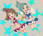  2girls aqua_hair blue_eyes breasts brown_hair earrings hair_ornament holding_hands jewelry lisia_(pokemon) long_hair looking_at_viewer may_(pokemon) multiple_girls navel nyonn24 open_mouth pokemon pokemon_(game) pokemon_oras shorts smile 