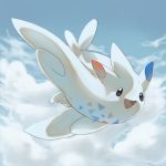  :d black_eyes blue_sky cloud cloudy_sky commentary creature day english_commentary flying full_body gen_4_pokemon looking_at_viewer no_humans open_mouth pinkgermy pokemon pokemon_(creature) sky smile solo togekiss 