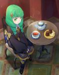  1girl bangs black_footwear boots bow chair cup drill_hair eyebrows_visible_through_hair fire_emblem fire_emblem:_three_houses fire_emblem_heroes flayn_(fire_emblem) from_above garreg_mach_monastery_uniform green_eyes green_hair hair_ornament highres indoors kyufe long_hair long_sleeves parted_lips plate rug shadow sitting solo table teacup teapot yellow_bow 