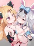  2girls absurdres akatsuki_uni animal_ears asymmetrical_docking bangs bikini black_gloves blonde_hair blush bow breast_press breasts brown_eyes bunny_ears commentary_request cowboy_shot detached_collar detached_sleeves eyebrows_visible_through_hair glove_bow gloves gradient gradient_background grey_hair hair_bow hair_ornament hairclip highres kio_(yumekuikio) long_hair looking_at_another micro_bikini mochizuki_himari multiple_girls parted_bangs parted_lips partially_fingerless_gloves pom_pom_(clothes) red_eyes side-tie_bikini small_breasts sweat swimsuit uni_create virtual_youtuber 