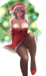  1girl bangs barefoot black_legwear blue_eyes blurry blurry_background breasts chiba_shuusaku christmas christmas_tree cleavage closed_mouth commentary dagashi_kashi dress elbow_gloves gloves half-closed_eyes hat high_heels knee_up large_breasts looking_at_viewer microdress panties panties_under_pantyhose pantyhose pantyshot purple_hair red_dress red_footwear red_gloves santa_costume santa_dress santa_gloves santa_hat shidare_hotaru short_hair sidelocks sitting smile solo strapless strapless_dress translated twitter_username underwear 