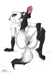  2020 anthro black_body black_fur breasts canid canine chloe_(johnfoxart) claws female fox fur genitals johnfoxart looking_at_viewer mammal pawpads paws presenting pussy raised_leg sitting smiling_at_viewer solo white_body white_fur 