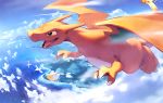  above_clouds blanco026 charizard claws cloud commentary_request day fangs fire flame flying gen_1_pokemon gen_3_pokemon green_eyes no_humans open_mouth outdoors pelipper pokemon pokemon_(creature) smile tongue water wingull 