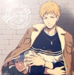  2boys against_wall bangs blonde_hair blue_eyes blue_hair blush bracelet brick_wall brown_jacket buttons cardigan casual closed_mouth commentary_request crossed_arms earrings frown grey_cardigan hair_between_eyes jacket jewelry kise_ryouta kuroko_no_basuke kuroko_tetsuya lens_flare long_sleeves looking_at_viewer male_focus mashima_shima multiple_boys necklace open_clothes open_jacket smile twitter_username two-tone_shirt under_clothes upper_body yellow_eyes 