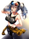  1girl absurdres alternate_costume animal_ears arknights bangs black_hair black_pants black_sports_bra bottle breasts brown_eyes cleavage clothes_around_waist collarbone drinking eyewear_on_head feater_(arknights) feater_(dojo_star)_(arknights) hair_between_eyes hand_on_hip highres holding holding_bottle jacket jacket_around_waist large_breasts midriff multicolored_hair nidaime_(doronbo) official_alternate_costume panda_ears pants purple-tinted_eyewear round_eyewear short_hair sidelocks solo sports_bra streaked_hair sunglasses sweat twintails two-tone_hair water_bottle white_hair yellow_jacket yoga_pants 