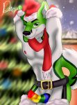  absurd_res anthro balls black_nose canid canine canis christmas christmas_clothing christmas_headwear christmas_tree clothed clothing costume danny_wolfdatian digital_media_(artwork) erection fidget_the_fox fox fur genitals green_body green_eyes green_fur hair hat headgear headwear hi_res holidays looking_at_viewer male mammal multicolored_penis nipples nude penis plant rainbow_penis santa_costume santa_hat simple_background smile solo tree white_body white_fur 