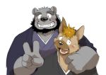  2015 beard black_nose blush clothed clothing duo ena_(lm) facial_hair hi_res hug humanoid_hands hyaenid kemono kita_9999 love_mechanic male male/male mammal overweight overweight_male tom_(lm) ursid 