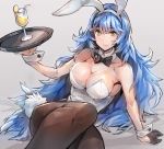  1girl alternate_costume animal_ears black_gloves black_ribbon blue_hair bow bowtie breasts brown_legwear bunny_ears bunny_tail cleavage cocktail_glass covered_navel cup detached_collar drinking_glass eyebrows_visible_through_hair fake_animal_ears fake_tail food fruit girls_frontline gloves gradient gradient_background grey_background hair_between_eyes half_gloves highres holding holding_tray large_breasts lemon lemon_slice leotard long_hair looking_at_viewer neck_ribbon official_alternate_costume pantyhose playboy_bunny ribbon single_glove sitting solo strapless strapless_leotard tail takahito tar-21_(girls_frontline) tray waitress wavy_hair white_background wing_collar wrist_cuffs yellow_eyes 